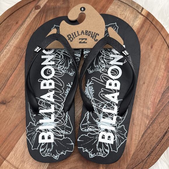 Billabong Sandy Womens Black White FloralFlip Flops Size 8 NWT Sandy CB01501W - Picture 1 of 6
